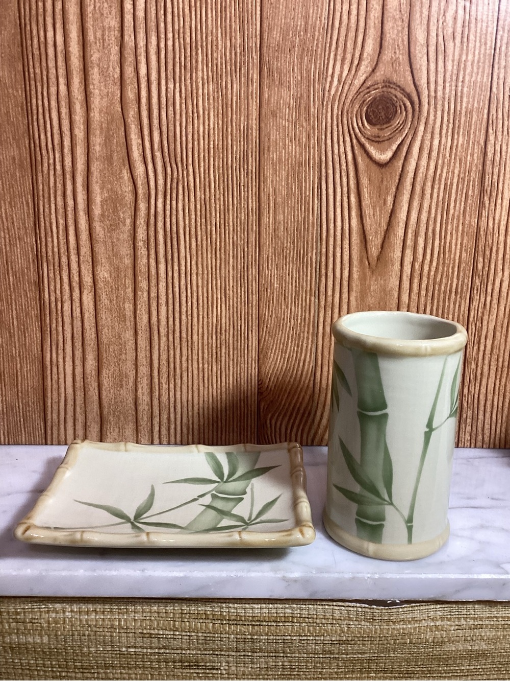 Vintage Croscill Bamboo Motif Ceramic Soap Dish and Cup - Green on Cream